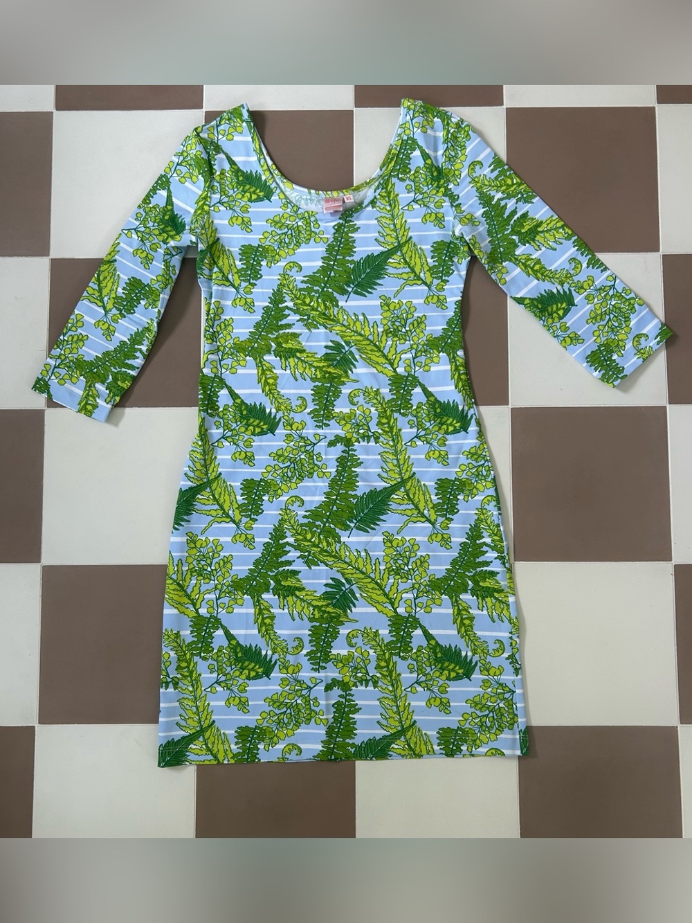 Persifor Green and Blue Fern Print Stripe Shift Dress XS Made in USA